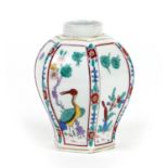 Chantilly porcelain tea caddy, circa 1740 - 1760, decorated in the Kakiemon palette with panels of