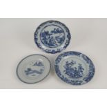 Three Chinese blue and white export plates, all late 18th Century, the largest 26cm diameter, the