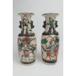 Pair of Chinese crackle glazed vases, early 20th Century, the neck with salamanders, decorated