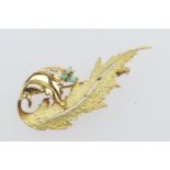 Continental yellow gold fern leaf brooch, late 20th Century, matted, textured and part polished