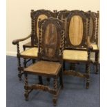 Set of six Carolean Revival oak barley twist dining chairs comprising two carvers and four singles