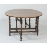 Oak bobbin turned gateleg table, the top with two demi-lune drop leaves, over a single pullout gate,