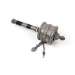 Tibetan traditional white metal and wooden handled prayer wheel, 27cm (NB: Condition is NOT noted in