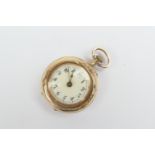 Swiss 14ct gold lady's fob watch, cream coloured dial with Arabic numerals, foliate engraved and