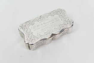 Victorian silver presentation snuff box, by Edward Smith, Birmingham 1850, shaped rectangular form