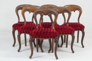 Set of six Victorian mahogany balloon back dining chairs, red fabric stuffover seats, raised on