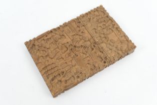 Cantonese carved sandalwood card case, 19th Century, rectangular, carved throughout with figures