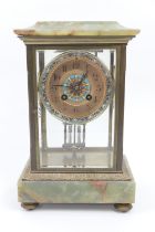 French green onyx and champleve enamelled four glass clock, circa 1900, the dial with Arabic