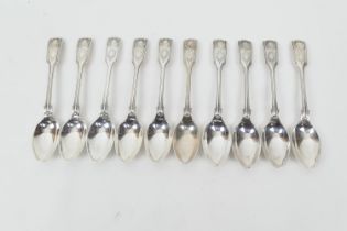 Set of ten George V silver fiddle, thread and shell pattern teaspoons, by John Round & Son,