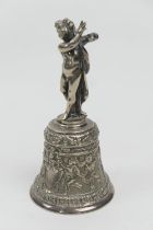 Elkington & Co. silver plated table bell, surmounted with a cherub figure, the bell further worked