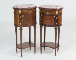 Matched pair of French walnut, parquetry and marble topped night tables in Louis XVI style, having
