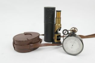 MDS (London), mining aneroid pocket barometer, 8cm diameter, with leather carrying case; also a