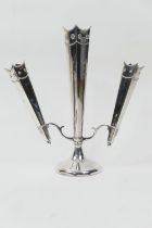 George V silver epergne, Birmingham 1915, having three tapered square section vases over a