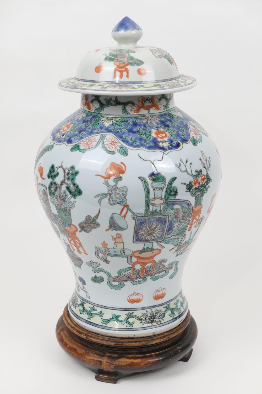 Chinese famille verte baluster jar and cover, 20th Century, decorated with precious objects in