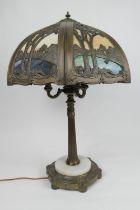 Decorative stained glass and metal table lamp, in Edwardian Art Nouveau style, the shade worked with