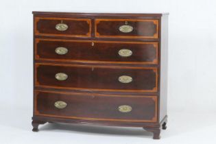 Victorian mahogany and inlaid bow front chest of drawers, crossbanded throughout with satinwood