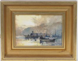 Robert Leslie Howey (1900-81), Two views, boats on a river, oils on canvas board, signed, 13cm x