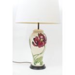 Moorcroft Wild Poppies table lamp, inverted baluster form with cream ground, original wooden base