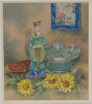 M Murphy (mid 20th Century), Chinese objects and sunflowers, signed pastel drawing, 50cm x 43cm; and