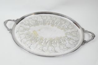 Late Victorian silver plated oval serving tray, engraved with fern leaves and wild flower foliage