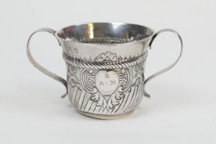 George II silver porringer, maker John Berthelot, London 1750, traditional reeded twin handles on