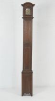 Unusual oak 30 hour longcase clock, possibly Dutch, the hood with dentil arch enclosing a 6 inch