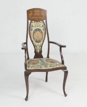 Edwardian mahogany and inlaid armchair in the Art Nouveau style, the back with boxwood and