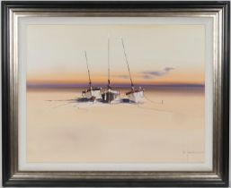 John Horsewell (b.1952), Fishing boats, low tide, signed oil on canvas, 70cm x 91cm (Please note