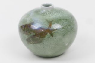 Royal Doulton small art vase, globular form decorated with sea fishes against a mottled green and