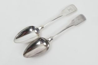 Pair of George III Irish silver fiddle pattern table spoons, maker R.S., Dublin 1809, engraved