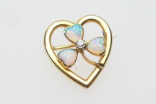 Opal and diamond loveheart brooch, centred with a shamrock with a small old round cut diamond