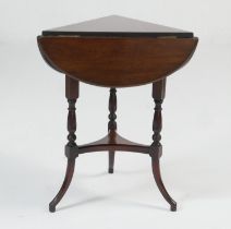 Victorian small mahogany drop leaf occasional table, triangular form with turned and ringed supports
