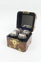 French Gothic Revival burr walnut and brass four bottle scent casket, square form with canted