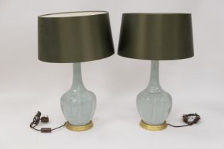 Pair of Chinese gu style celadon porcelain table lamps, 20th Century, of baluster melon form with