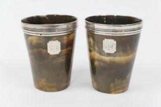 Pair of late George III silver mounted horn beakers, circa 1810-20, each with a similarly initialled