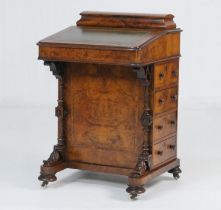 Victorian burr walnut davenport, the top with gilt tooled green leather writing surface and lift