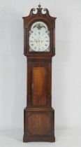 J Simcock, Nantwich, oak and mahogany eight day longcase clock, circa 1835, the hood with swan