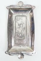 Art Nouveau silver plated pewter tray, rectangular form, worked in low relief with a girl holding