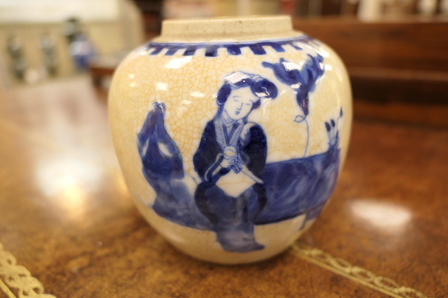 Chinese crackle glazed ginger jar, with underglaze blue decoration of a solitary figure, Kangxi four - Image 7 of 7