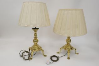 Pair of large brass table lamps in the Dutch style, with multi-knopped columns over a circular