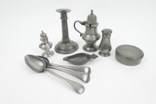 Small selection of pewter wares comprising a baluster lidded wet mustard pot, 5.5cm, a pap boat,