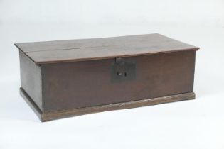Oak bible box, early 18th Century, two plank hinged top with iron latch and lock plate, width