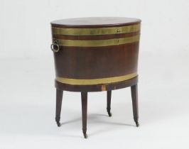George III mahogany and brass bound wine cooler, circa 1780-1800, oval form with hinged lid