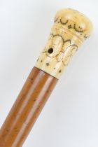 William III ivory mounted malacca cane, initialled 'VI' and dated 1700, with piquet decoration, 98cm