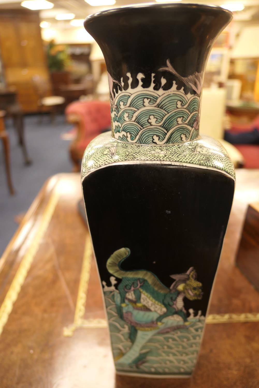 Chinese famille noir vase, square section beneath a trumpet neck, decorated with mythical beasts, - Image 11 of 14
