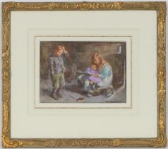 John Henry Henshall (1856-1928), Children reading, watercolour heightened with white, signed, 16.5cm