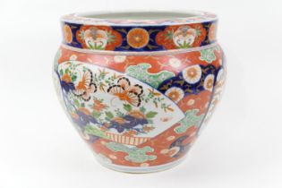 Japanese Imari porcelain jardiniere, late Meiji (1868-1912), decorated with panels of waterfowl in a