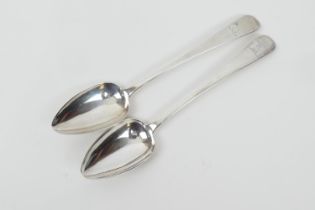 Pair of George IV Irish silver Old English pattern serving spoons, maker probably J Buckton,