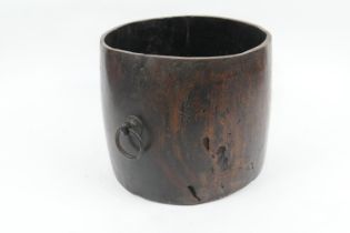 Far Eastern hardwood pail, 18th or 19th Century, slightly curved cylinder form with metal ring