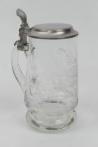 Unusual engraved glass tankard (late 20th Century), decorated with an eel swimming amidst river